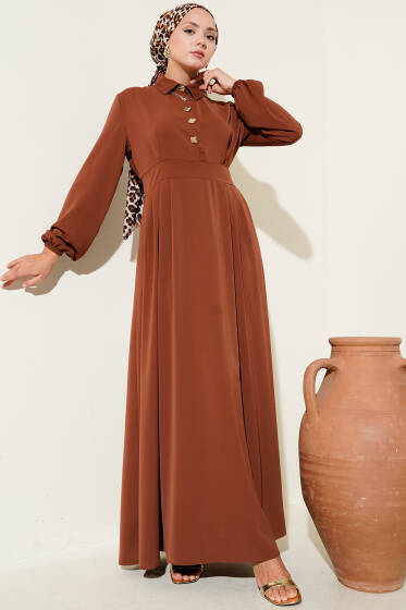 Gold Düğme Detaylı Elbise Kahve - Elbise
