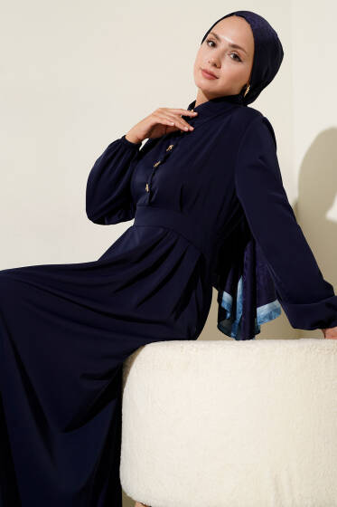 Gold Düğme Detaylı Elbise Lacivert - Elbise