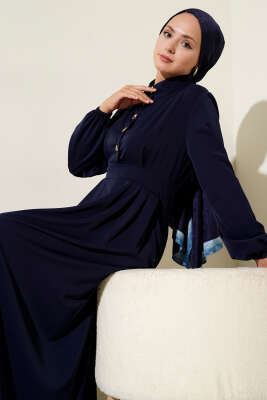 Gold Düğme Detaylı Elbise Lacivert 