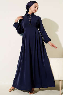 Gold Düğme Detaylı Elbise Lacivert - Tesettür Elbise