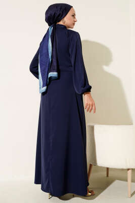 Gold Düğme Detaylı Elbise Lacivert - Tesettür Elbise