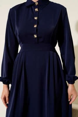 Gold Düğme Detaylı Elbise Lacivert - Tesettür Elbise