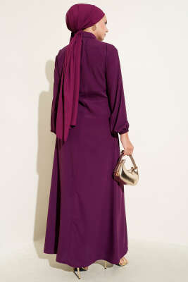 Gold Düğme Detaylı Elbise Mor - Tesettür Elbise
