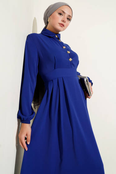 Gold Düğme Detaylı Elbise Saks - Elbise