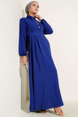 Gold Düğme Detaylı Elbise Saks - Tesettür Elbise