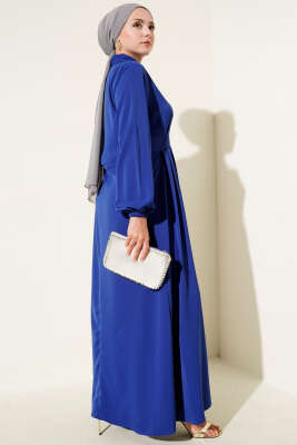 Gold Düğme Detaylı Elbise Saks - Tesettür Elbise