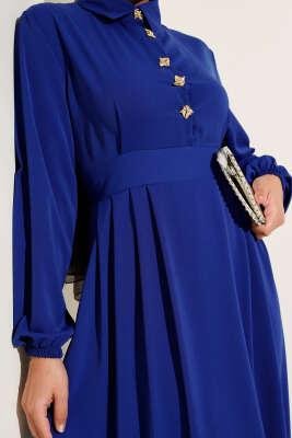 Gold Düğme Detaylı Elbise Saks - Tesettür Elbise