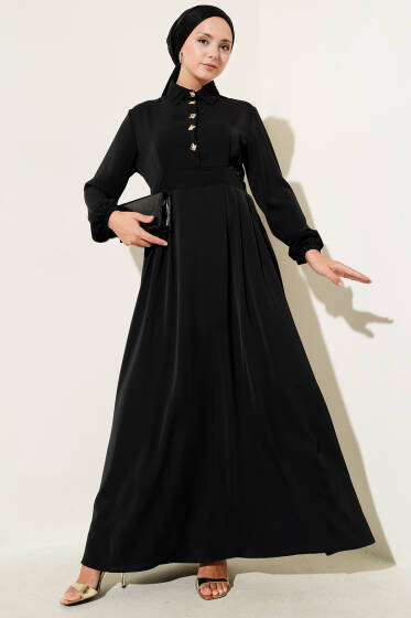Gold Düğme Detaylı Elbise Siyah - Elbise