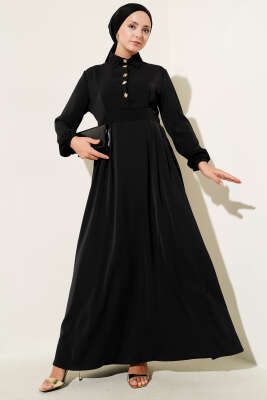 Gold Düğme Detaylı Elbise Siyah 