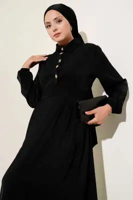 Gold Düğme Detaylı Elbise Siyah - Tesettür Elbise