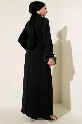 Gold Düğme Detaylı Elbise Siyah - Tesettür Elbise
