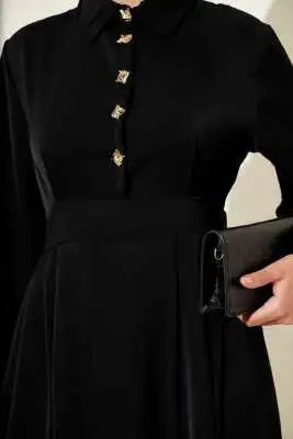 Gold Düğme Detaylı Elbise Siyah - Tesettür Elbise