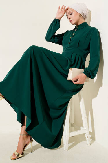 Gold Düğme Detaylı Elbise Zümrüt - Elbise