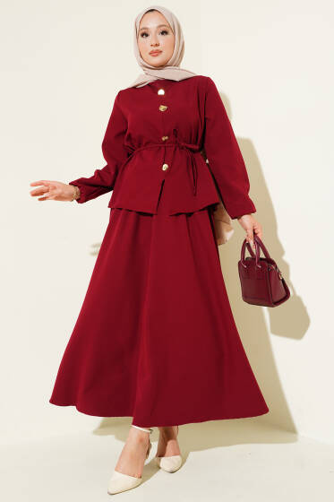 Gold Düğme Detaylı Etekli Dabıl İkili Takım Bordo - İkili Takım