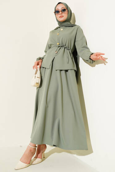 Gold Düğme Detaylı Etekli Dabıl İkili Takım Çağla Yeşili - İkili Takım