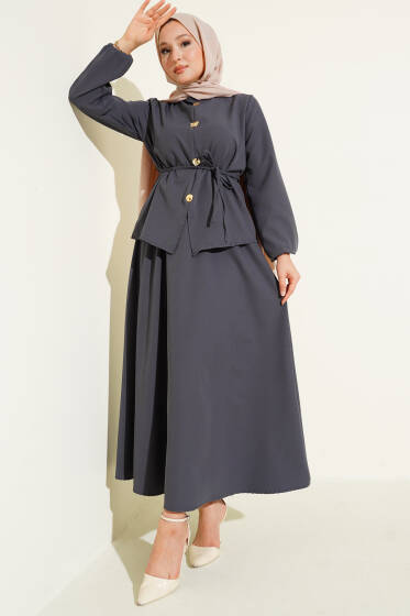 Gold Düğme Detaylı Etekli Dabıl İkili Takım Füme - İkili Takım