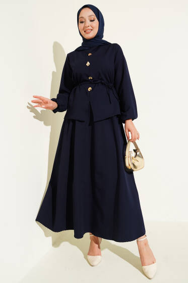 Gold Düğme Detaylı Etekli Dabıl İkili Takım Lacivert - İkili Takım