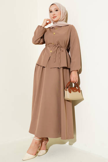 Gold Düğme Detaylı Etekli Dabıl İkili Takım Latte - İkili Takım
