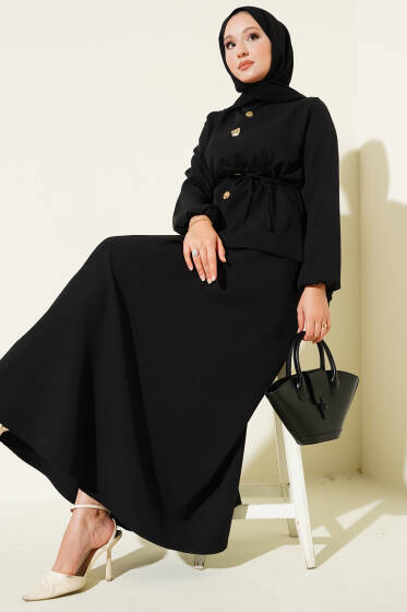 Gold Düğme Detaylı Etekli Dabıl İkili Takım Siyah - İkili Takım
