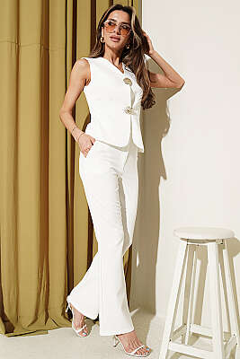 Gold Düğme Detaylı İkili Takım Beyaz - Kadın Giyim Modelleri