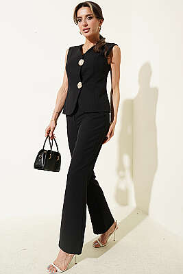 Gold Düğme Detaylı İkili Takım Siyah 