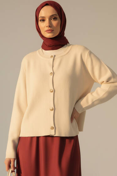 Gold Düğme Detaylı Kısa Triko Hırka Bej - Hırka