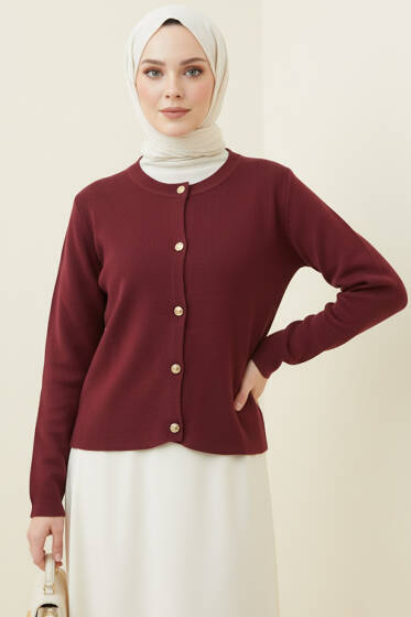 Gold Düğme Detaylı Kısa Triko Hırka Bordo - Hırka