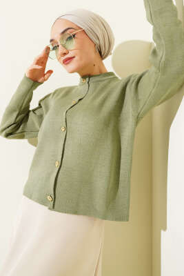 Gold Düğme Detaylı Kısa Triko Hırka Çağla Yeşili - VANİZA TRİKO