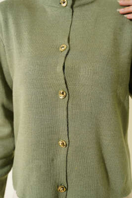 Gold Düğme Detaylı Kısa Triko Hırka Çağla Yeşili - Hırka