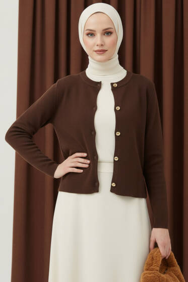 Gold Düğme Detaylı Kısa Triko Hırka Kahve - Hırka