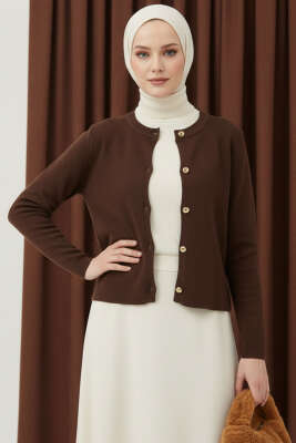 Gold Düğme Detaylı Kısa Triko Hırka Kahve 