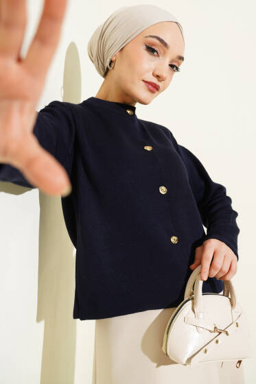 Gold Düğme Detaylı Kısa Triko Hırka Lacivert - Hırka