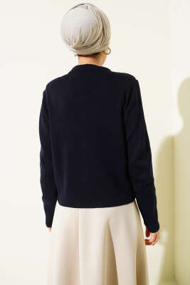 Gold Düğme Detaylı Kısa Triko Hırka Lacivert - Hırka