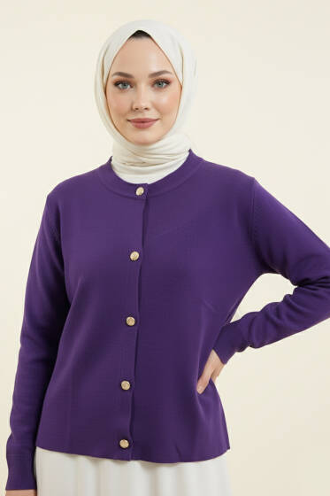 Gold Düğme Detaylı Kısa Triko Hırka Mor - Hırka