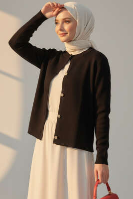 Gold Düğme Detaylı Kısa Triko Hırka Siyah 