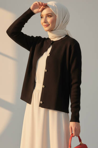 Gold Düğme Detaylı Kısa Triko Hırka Siyah - Yılın Fırsatı