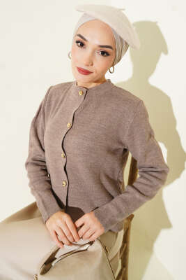 Gold Düğme Detaylı Kısa Triko Hırka Vizon - VANİZA TRİKO