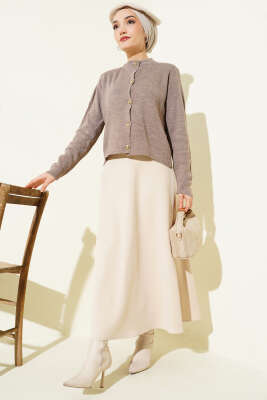 Gold Düğme Detaylı Kısa Triko Hırka Vizon - Hırka