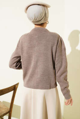 Gold Düğme Detaylı Kısa Triko Hırka Vizon - Hırka