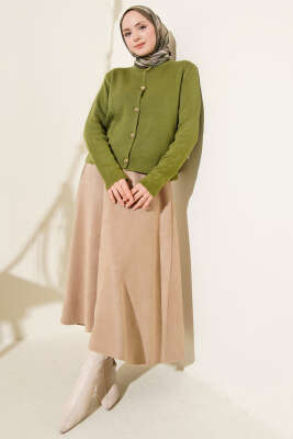 Gold Düğme Detaylı Kısa Triko Hırka Yağ Yeşili - Hırka