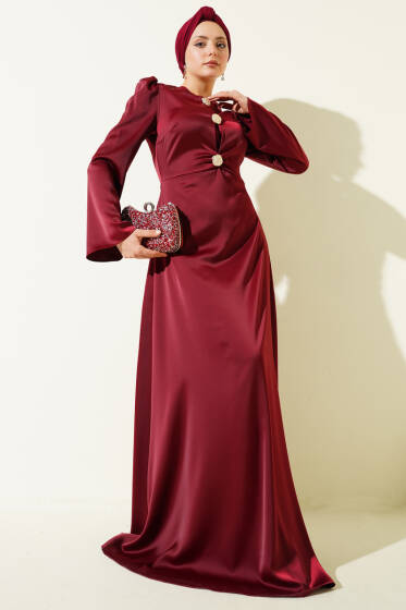 Gold Düğme Detaylı Saten Abiye Bordo - Elbise
