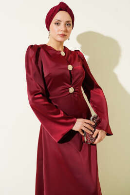 Gold Düğme Detaylı Saten Abiye Bordo - Elbise