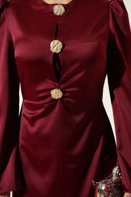 Gold Düğme Detaylı Saten Abiye Bordo - Elbise