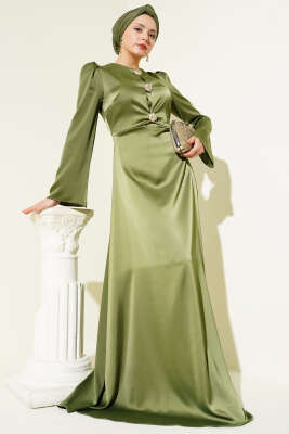 Gold Düğme Detaylı Saten Abiye Haki 