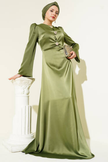 Gold Düğme Detaylı Saten Abiye Haki - Elbise