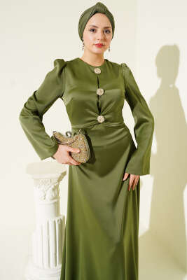 Gold Düğme Detaylı Saten Abiye Haki - Elbise