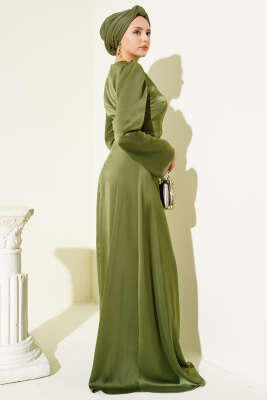 Gold Düğme Detaylı Saten Abiye Haki - Elbise