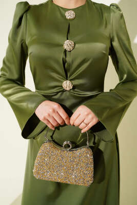 Gold Düğme Detaylı Saten Abiye Haki - Elbise