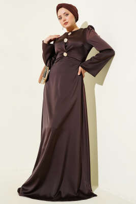 Gold Düğme Detaylı Saten Abiye Kahve - DENİZ LIFE