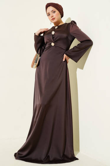 Gold Düğme Detaylı Saten Abiye Kahve - Elbise